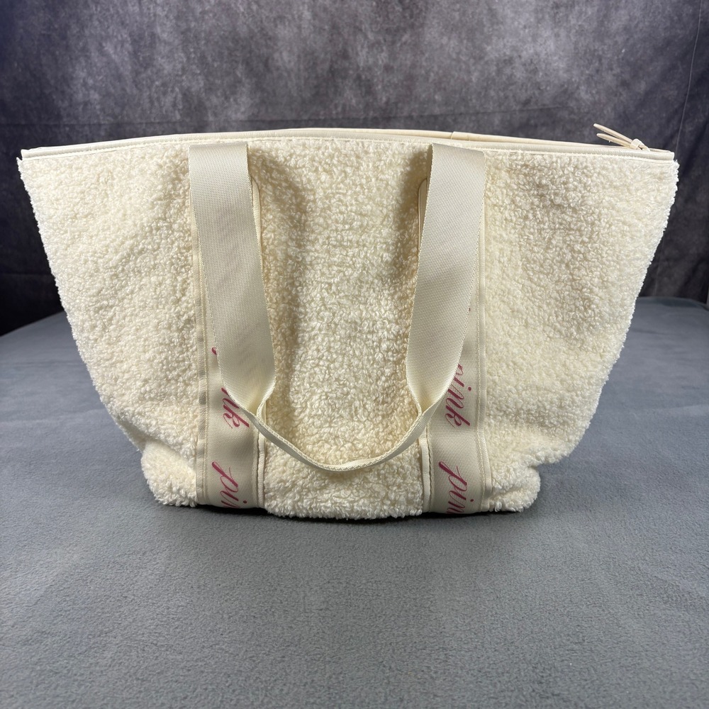 Victoria's Secret PINK Sherpa Tote Bag Cream Fleece Logo Strap Large Travel Zip - Picture 3 of 5